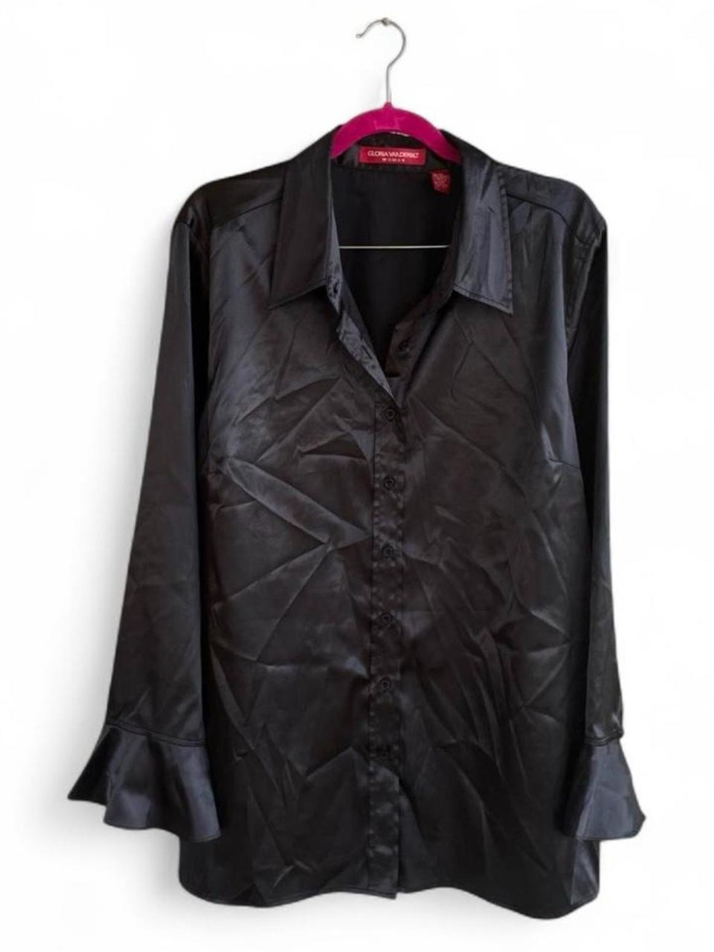 Vintage 90s Black Satin Blouse – Gloria Vanderbilt – Flared Cuff Button-Up